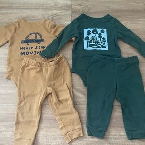 Baby Bundle of 2 Graphic Thermal Bodysuit and Pants Sets in Green and Gold 12M